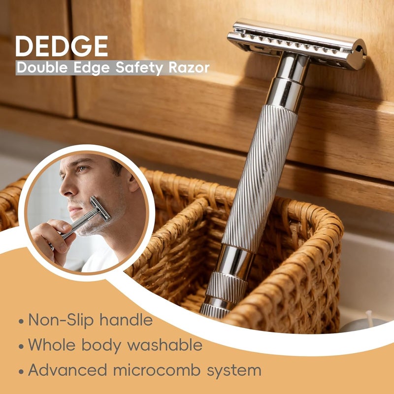 DEDGE Classic Double Edge Safety Razor Single Blade Razor For Men, Reusable Razor, with 5 Premium Razor Blades -Chrome - Image 2